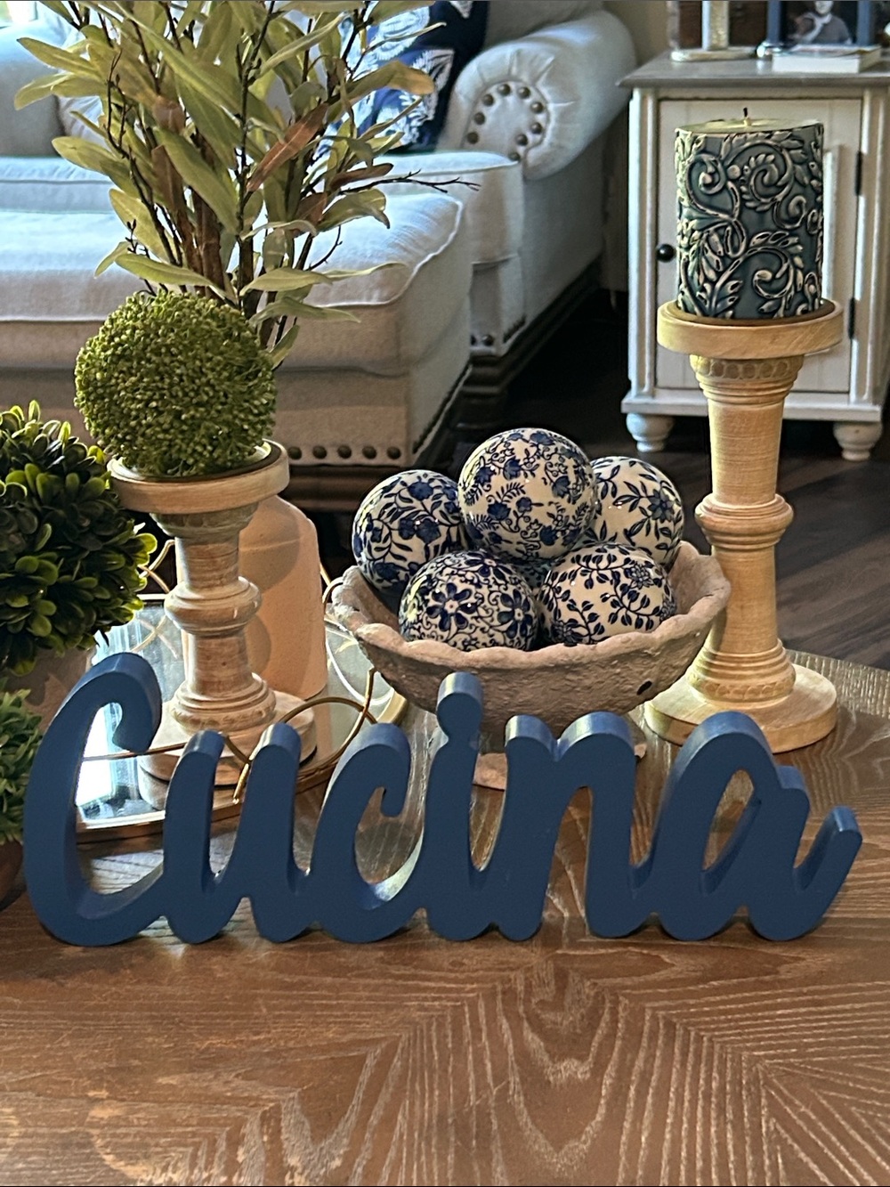 NEW! Mediterranean Italian Kitchen Cucina Blue Wood Block Sign